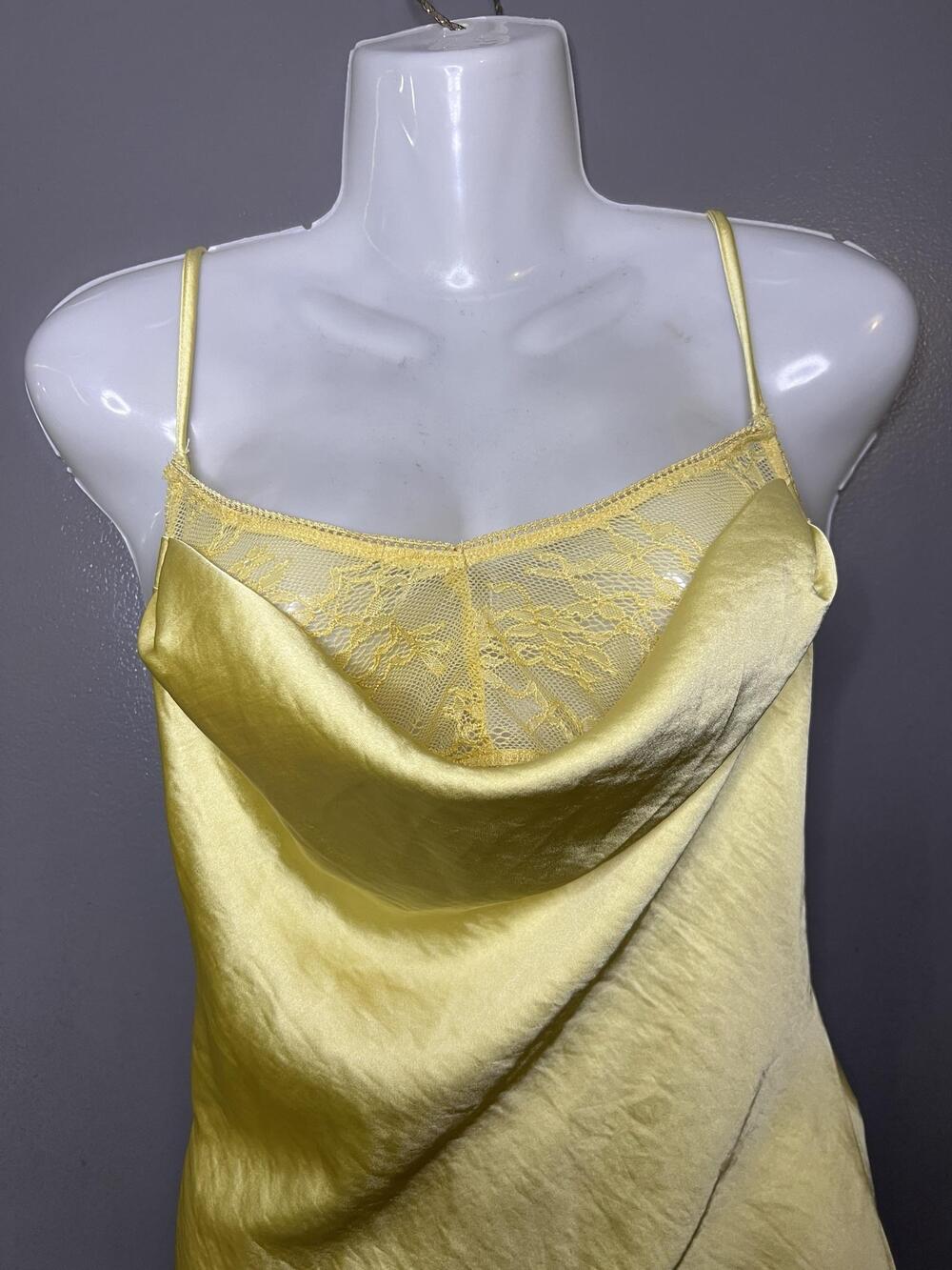 Cider Dress Womens Medium Yellow Satin Lace Cowl Neck Backless Slip Maxi